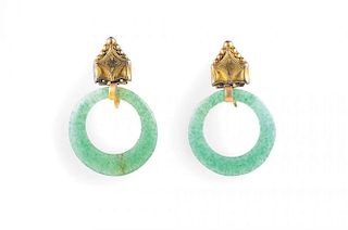 A Pair of Antique Gold and Aventurine Earrings