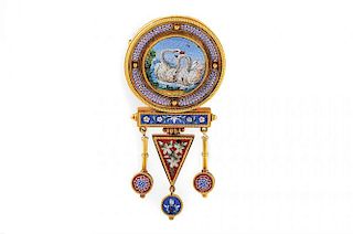 A Victorian Micromosaic Pendant Brooch Depicting A Pair Of Swans