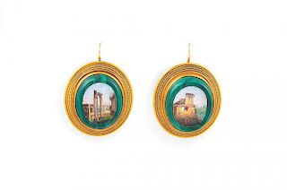 A Victorian Pair of Micromosaic Gold and Malachite Earrings Depicting Roman Ruins