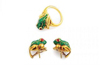 An Enamel Frog Earrings and Ring Set, by David Webb