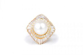 A Cultured Pearl and Diamond Gold Ring
