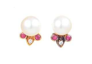 A Pair of Pearl, Diamond and Ruby Earrings, by Mikimoto