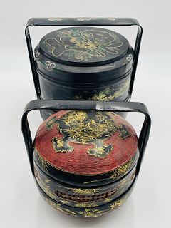 Pair of Asian Laquered Wood Multi-Tier Lunch Boxes, Hand-Painted