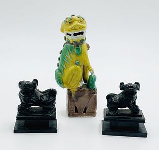 Set of 3 Foo Dog Figurines, One Ceramic & One pair in Black Stone
