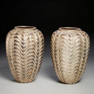Robert Kuo, pair Art Deco style metal vases