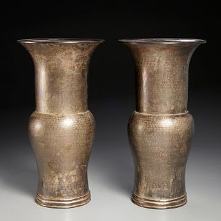 Robert Kuo, pair hammered metal "Zun" vases