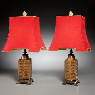 Pair Chinese archaic style hardstone cong lamps