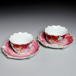Pair Chinese Export lotus cups and saucers