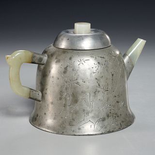 Chinese pewter and jade teapot
