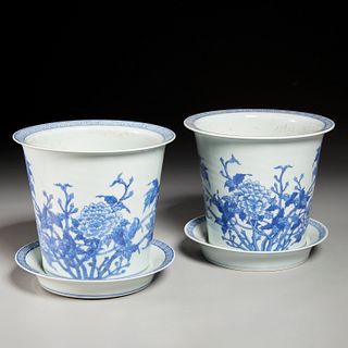 Pair Chinese blue & white jardiniere and stands