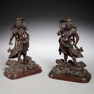Pair Japanese carved wood Nio figures, signed