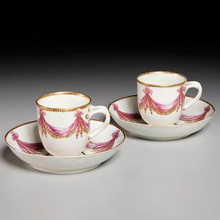 (2) Worcester 'Storment' teacups, saucers, 18th c.