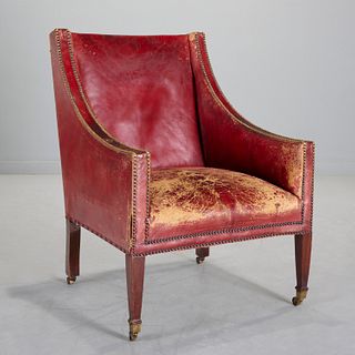 Nice Edwardian tacked red leather library chair