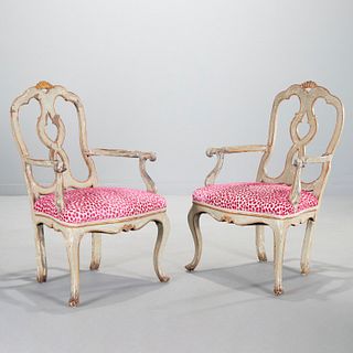 Pair Italian Rococo gilt and painted fauteuils