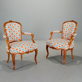 Antique Louis XV style fauteuils in atomic fabric