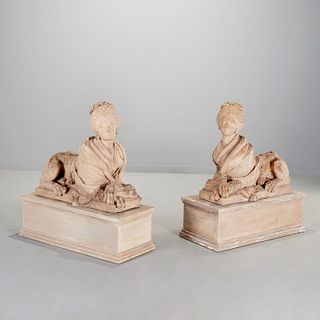 Pair large antique French cast stone Sphinx