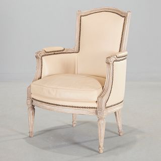 Louis XVI style grey painted and leather bergere