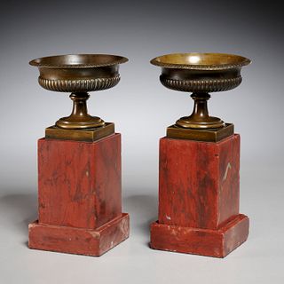 Pair Restauration bronze and rouge marble tazze
