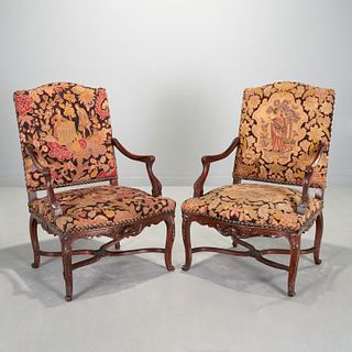 Pair Louis XV style tapestry fauteuils a la Reine