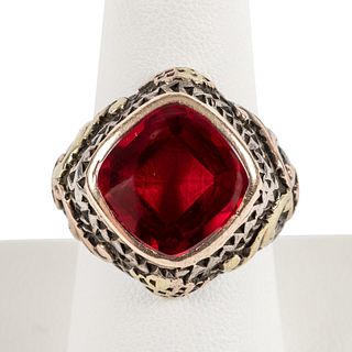 LARGE SYNTHETIC RUBY, STERLING & 14K RING
