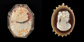 2 18K YG CAMEO BROOCHES, 1 SMALL & 1 LARGE