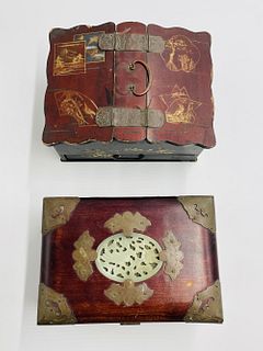 Pair of Asian boxes One with a Jade Medallion, One Hand Painted 