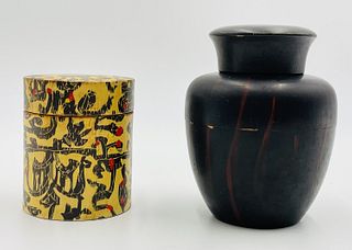 Pair of Lidded Vessels/Jewelry Containers One wood and one Batik Covered