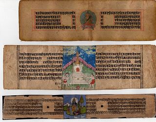 Lot of 3 Asian Miniatures in religious text pages, paper palm leaf