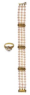 18k Yellow Gold, Pearl and Diamond Ring and Bracelet