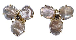 18k Yellow Gold, Cultured Pearl and Diamond Earrings