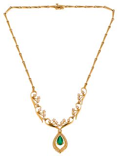 14k Yellow Gold, Emerald and Diamond Necklace