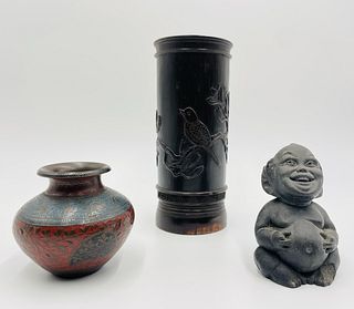 Vintage Cloisonne Vase, Lucky Budda & a Bamboo Carved Vase