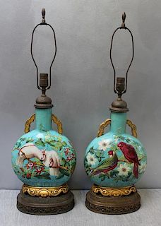 Pair of Porcelain Lamps with Hand Painted Bird