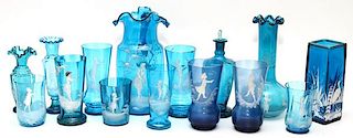 MARY GREGORY ANTIQUE BLUE GLASS TABLEWARE 15 PIECES