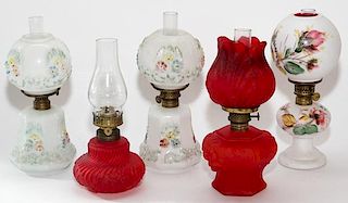 VICTORIAN MINIATURE RUBY AND MILK GLASS OIL LAMPS