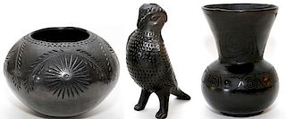 MEXICAN BLACKWARE POTTERY BOWL BIRD AND VESSEL