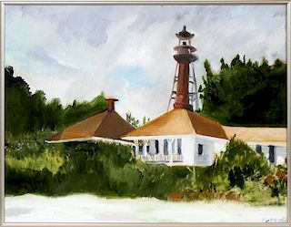 PETKOFF OIL ON CANVAS LIGHT HOUSE ON WATERS EDGE