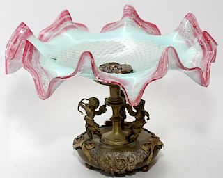 OPALESCENT GLASS AND BRASS FIGURAL COMPOTE C.1900