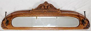 CARVED OAK HANGING MIRROR W/ CLOTHES  HOOKS