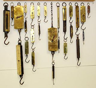 ANTIQUE STEEL AND BRASS HANGING WEIGHT SCALES