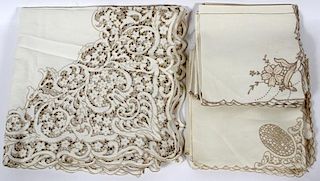 CUTWORK LINEN TABLECLOTH AND NAPKINS 25 PIECES