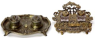VICTORIAN & FRENCH STYLE BRASS AND GLASS INKWELLS