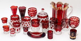 FLASHED RUBY AND AMETHYST SOUVENIR GLASS TABLEWARE