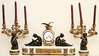 SAMUEL MARTI, FRENCH MARBLE & BRONZE FIGURAL CLOCK GARNITURE, 19TH.C. THREE PIECES