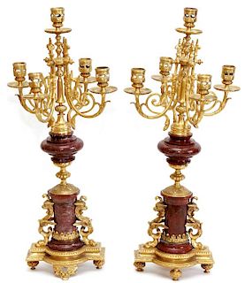 FRENCH BRONZE & ROUGE MARBLE FIVE-LIGHT CANDELABRA