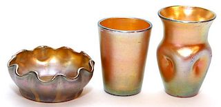 L.C. TIFFANY FAVRILE GLASS BOWL AND 2 OTHER VASES
