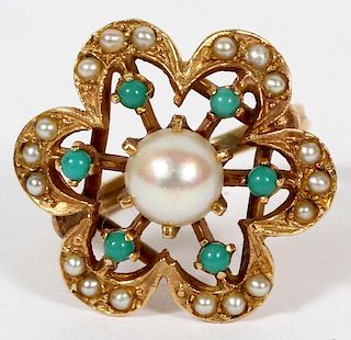 14KT YELLOW GOLD TURQUOISE & SEED PEARLS RING