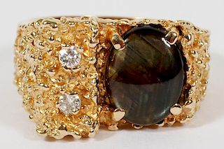 14KT YELLOW GOLD, BLACK SAPPHIRE, AND DIAMOND RING, SIZE 9.