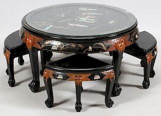 CHINESE LACQUER & HARDSTONE TABLE & STOOLS