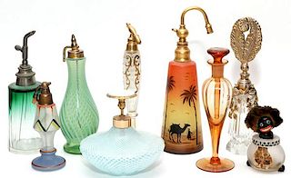 COLORED GLASS PERFUME BOTTLES 9 PIECES